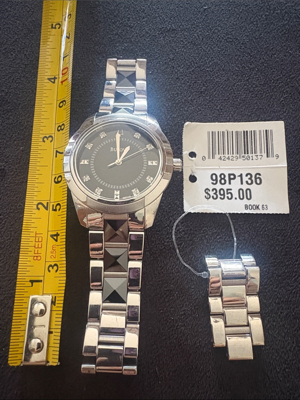 Bulova Silver Stainless Steel Women's Bracelet Watch with Black Dial